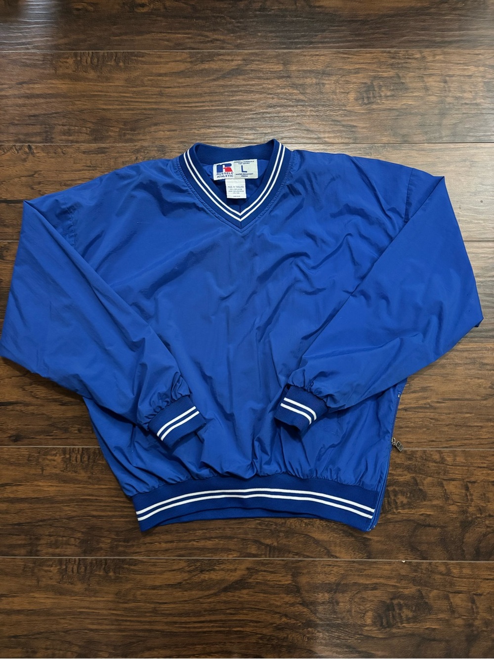Russell Athletic Blue V-Neck Pullover Windbreaker with White Stripe Trim